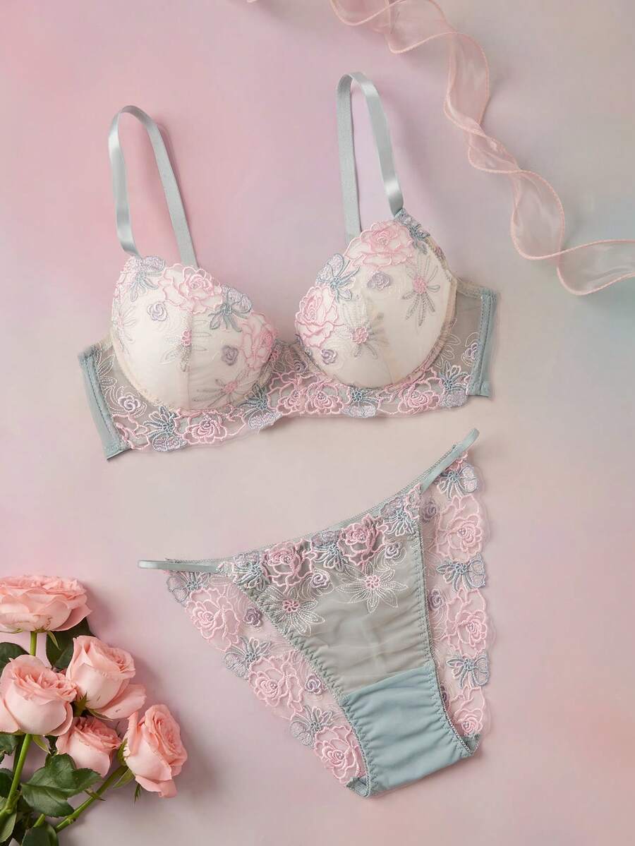 Elorette 2pcs Light Blue Underwire Molded Cup High Support Push Up Comfy Balconette Embroidered Floral Pattern Romantic Pastoral Women's Lingerie Set - Green - View 1