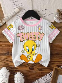 LOONEY TUNES X SHEIN 女童條紋字母卡通印花休閒日常夏季短袖T恤 - 白色 - 查看 5