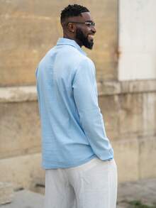 thenoahjr thenoahjr Men's Lightweight Loose Fit Linen Blend Long Sleeve Polo Shirt, Shallow Blue, Half-Zip Design, Breathable & Comfortable, Suitable For Beach & Outdoor Activities (Summer Fabric Is Thin & Slightly Sheer; European & American Sizes Run Larger!! Sleeves Are Longer, Recommend Ordering One Size Smaller!) - Baby Blue - View 2
