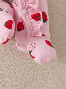 SHEIN Vintaside Kids 秋冬新生兒蝴蝶結草莓印花可愛嬰兒連身衣+帽子 - 淺粉色 - 查看 7