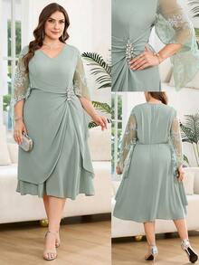Reflora Plus Size Women Textured Metallic Rhinestone Buckle Ruched Lace Patchwork Dress Fall - Green - View 8