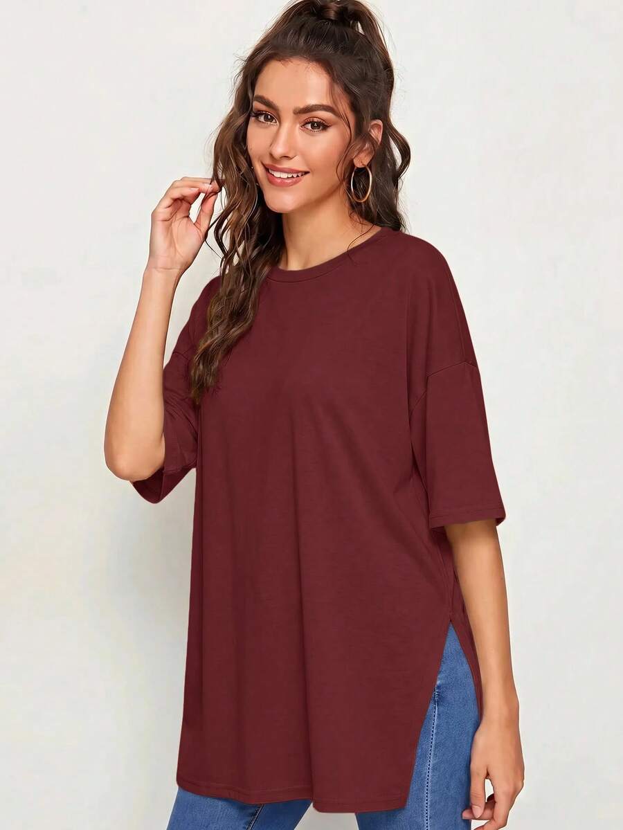 SHEIN Essnce 女款純色休閒百搭日常穿著夏季T恤 - 酒紅色 - 查看 1