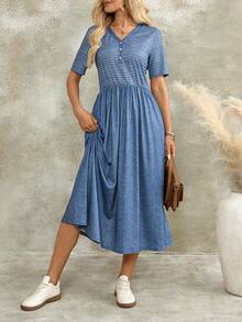 EMERY ROSE Women's V-Neck Blue And White Stripe Pleated Casual French Daily Mid-Length Dress Vacation Summer Birthday Dresses - Blue - View 4