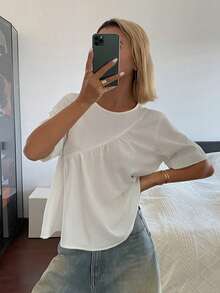 Hapijoa Round Neck Solid Color Asymmetric Design Short Sleeve Blouse For Teen Girls Summer - White - View 2