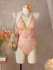 Swim Vcay 26SS Primavera/Verano Vacaciones Playa Floral Amarillo Color de Contraste Borde Diente de Perro Cuello Halter Una Pieza - Multicolor - Ver 4