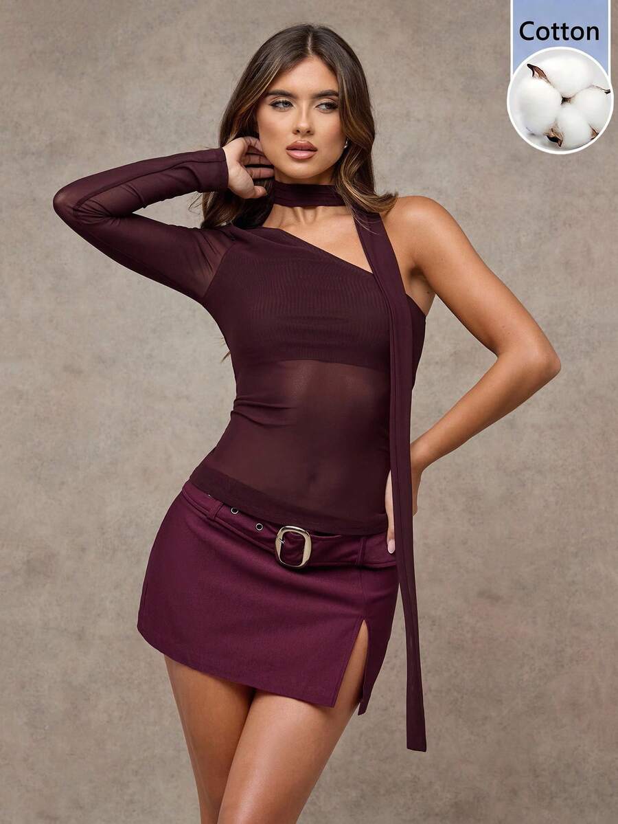 SHEIN BAE 女款純色單肩長袖網紗拼接修身性感上衣 - 棕色 - 查看 1