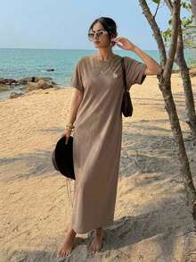 FRIFUL Women Brown Long Embroidered Graphic Print Summer Dress Sundress - Brown - View 18