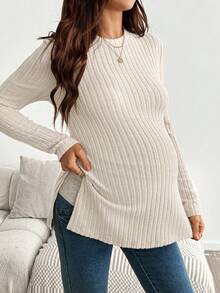SHEIN Maternity Solid Color Split Design Casual Versatile Everyday Formal Maternity Work T-Shirt Fall - Apricot - View 7