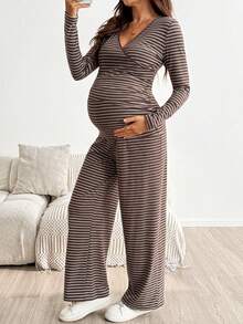 SHEIN طقم أمومة من قطعتين: ملابس علوية بأكمام طويلة مخطط باللون البني وبنطال - مناسب للرضاعة - أسلوب كاجوال خريفي - بني - مشاهدة 8