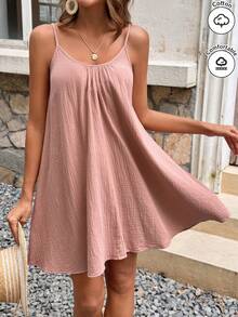 SHEIN Frenchy Women's Solid Color Muscle Spaghetti Straps Summer Holiday Style Dress, Pink Dress, Tank Dress, Summer Thanks Giving Vacation Casual Beach Resort - Baby Pink - View 3