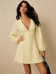 Poéselle Women's Jacquard  V-Neck Lantern Sleeve  Short Dress,Elegant Dresses,Casual Dresses, Work Outfits, Vacation Outfits,Autumn/Winter Outfit - Light Yellow - View 2
