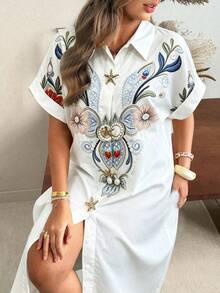 Ceyna 女款大尺碼休閒仿刺繡印花襯衫領金屬海星胸針可拆卸大尺碼襯衫洋裝大尺碼休閒洋裝女款大尺碼新風格派對聚會夜晚約會時尚單品百搭短袖中長襯衫洋裝 - 白色 - 查看 6
