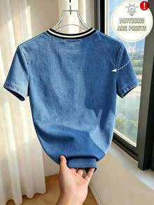 SHEIN Franclia Kaos Wanita Lengan Pendek Kerah Bulat Warna Aprikot Polos dengan Kancing Bahu, Cocok untuk Sehari-hari, Kasual, Serbaguna, Musim Panas - Biru - View 2
