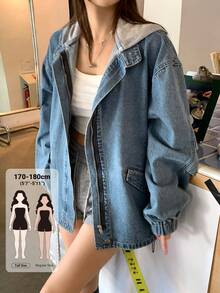 Dazy Tall Jaket Denim Kasual Wanita Lengan Panjang Longgar dengan Motif Patchwork Colorblock dan Bukaan Depan, Gaya Urban Musim Gugur - Medium Wash - View 1
