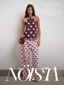Nöista Setelan Atasan Halter Polkadot dan Celana Panjang Lebar dengan Desain yang Serasi. Sempurna untuk Liburan, Pesta, Liburan di Resor, dan Gaya yang Menonjol. - Berwarna merah muda - View 1