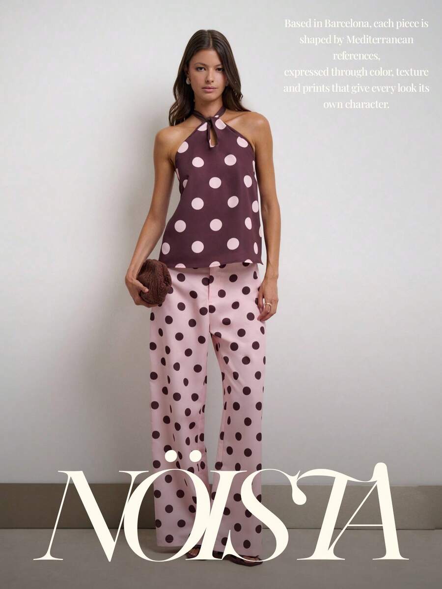 Nöista Setelan Atasan Halter Polkadot dan Celana Panjang Lebar dengan Desain yang Serasi. Sempurna untuk Liburan, Pesta, Liburan di Resor, dan Gaya yang Menonjol. - Berwarna merah muda - View 1