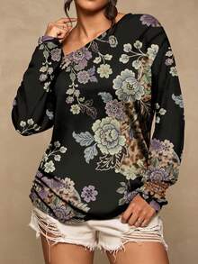Freevana Plus Size Women's Casual Minimalist Floral Print T-Shirt Suitable For All Seasons Sexy One-Shoulder Design With Vintage Print Vacation Outfits Women - Multicolor - View 7