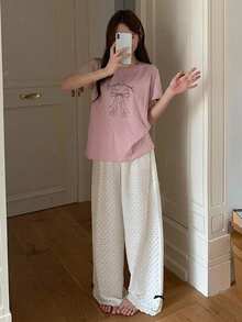 DAZY 女款蝴蝶結印花短袖上衣與波點印花長褲睡衣套裝 - 粉色 - 查看 4