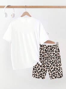 SHEIN 白色動物印花米色短袖兩件式套裝，時尚休閒可愛穿搭，豹紋兩件套女裝套裝，獵豹印花 2 件組 - 彩色 - 查看 2