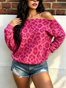 Rovax Rose Red Leopard Print Off-Shoulder Loose Long Sleeve Sweatshirt Y2K Vintage Leopard Print Off-Shoulder Loose Long Sleeve Women's - Hot Pink - View 5