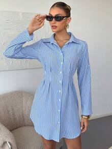 Lavishia 女款藍白條紋單排扣時尚休閒洋裝 - 藍白色 - 查看 7