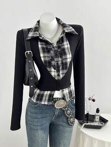 Elamini Women's Autumn Casual 2 In 1 Plaid Patchwork Long Sleeve Slim Fit Shirt - Black - View 6