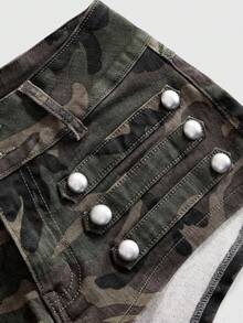 ROMWE Grunge Punk 辣妹款金屬鈕扣設計超低腰緊身牛仔迷你短褲 - 軍綠色 - 查看 4