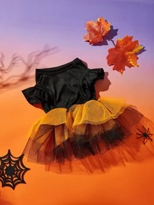 1pc Cat & Dog Universal Cartoon Expression Print Orange Fluffy Tulle Dress, Lovely Halloween Pet Dress, For Halloween Party, PETSIN Original Design - Multicolor - View 8