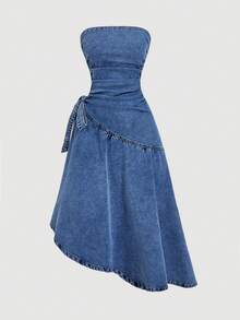 SHEIN MOD Women's Ruched Side Tie Waist Strapless Asymmetric Hem Denim Dress - Blue - View 1