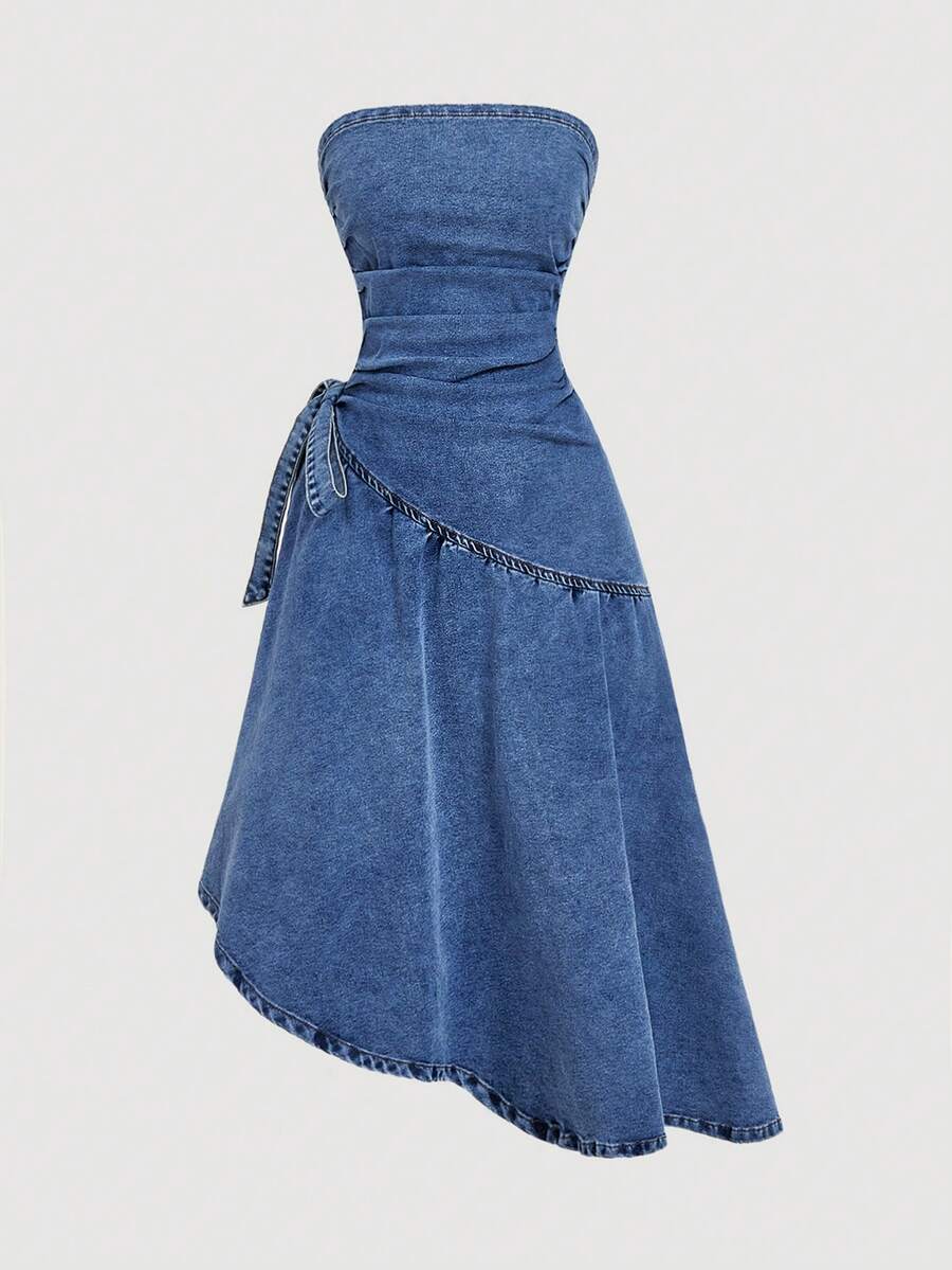 SHEIN MOD Women's Ruched Side Tie Waist Strapless Asymmetric Hem Denim Dress - Blue - View 1