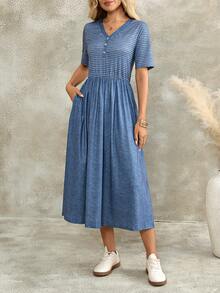 EMERY ROSE Women's V-Neck Blue And White Stripe Pleated Casual French Daily Mid-Length Dress Vacation Summer Birthday Dresses - Blue - View 3