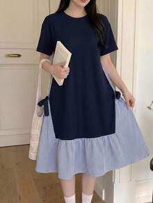 Robe à rayures et patchwork avec décoration de nœud pour adolescentes - Bleu marine - Voir 2