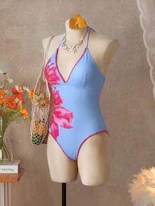 Swim Vcay 春夏度假海灘花卉撞色狗牙邊掛脖綁帶式一件式泳衣 - 彩色 - 查看 7