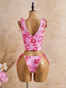 Mistrie Conjunto de 2 piezas de bikini para mujer primavera/verano nuevo con estampado retro, escote en V profundo, cordón, fruncido, espalda descubierta y Bottom de bikini triangular con lazo lateral - Multicolor - Ver 2