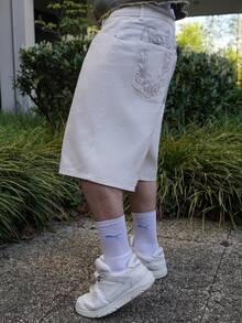 LEOGASHI LEOGASHI 男士Y2K街头风极简时尚百搭字母刺绣装饰西海岸风格休闲日常小众设计阔腿牛仔短裤 - 白色 - 查看 6