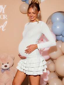 SHEIN Gaun Hamil Polos Leher Bulat Lengan Panjang dengan Hiasan Ruffle di Bagian Bawah - Putih - View 10