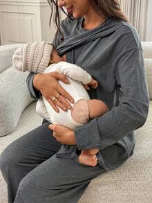 Slowluna 孕婦純色圓領哺乳長袖上衣與可調腰長褲休閒日常兩件套 - 灰色 - 查看 3
