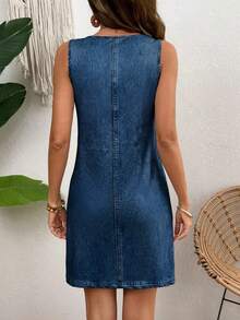EMERY ROSE Women's Autumn Vacation Denim Effect Sleeveless Short Dress Vacation Aqua Blue Casual - Dark Wash - View 2