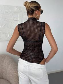 Levarali Women's Summer Polka Dot Mesh Sheer Sexy Bodysuit For Vacation And Party Club Night Out Black And White - Black - View 2