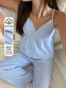 DAZY 2pcs Lace Patchwork Sleeveless Camisole Loose Short Pajama Pants Set, Summer Women's Sleepwear - Blue and White - View 4