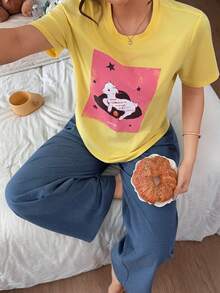 DAZY Women's Cartoon Print Top & Plaid Pants Pajama Set Summer - Yellow - View 4