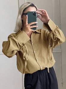 Livesso Herbst Senfgelb künstlerisch locker Business Lässig elegant Lehrerinnen-Tag Street Bindung Langarm Damenhemd Büro Brunch - Braun - Übersicht 1