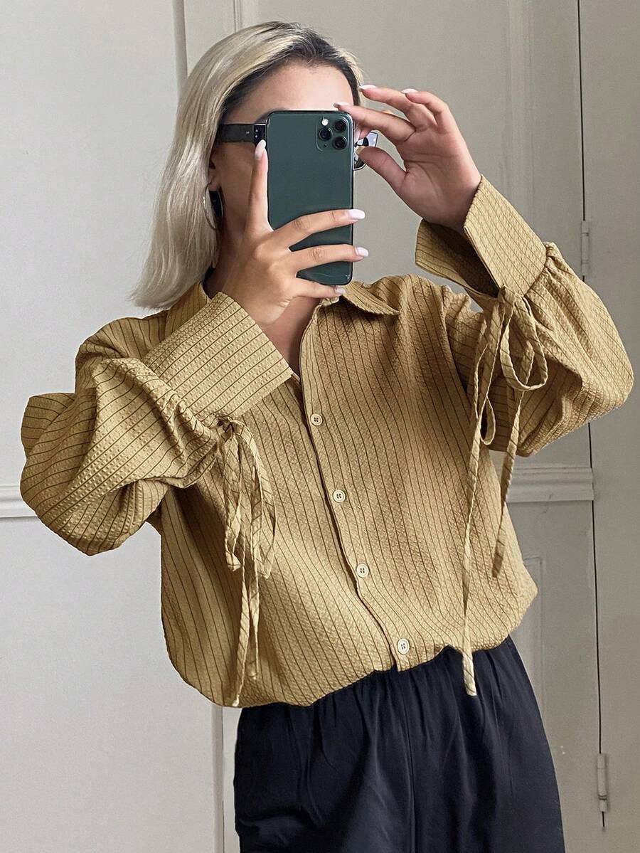 Livesso Herbst Senfgelb künstlerisch locker Business Lässig elegant Lehrerinnen-Tag Street Bindung Langarm Damenhemd Büro Brunch - Braun - Übersicht 1
