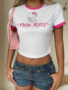 CovetEZ HELLO KITTY AND FRIENDS | SHEIN 休閒極簡圖案圓領短袖修身短版女款T恤 - 白色 - 查看 2