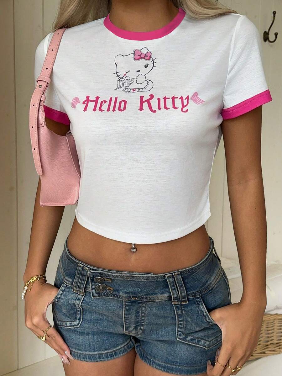 CovetEZ HELLO KITTY AND FRIENDS | SHEIN 休閒極簡圖案圓領短袖修身短版女款T恤
