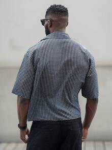 thenoahjr thenoahjr Men's Fashionable Plaid Short Sleeve Shirt, Spring/Summer Graphic Button Up Men Mechanic Shirt Button Up Men Street Wear Shirt Men Crop Shirt Boxy Cropped Men Shirts - Black - View 2