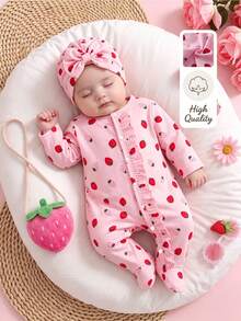 SHEIN Vintaside Kids 秋冬新生兒蝴蝶結草莓印花可愛嬰兒連身衣+帽子 - 淺粉色 - 查看 1