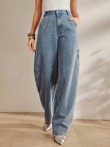 Anewsta Heavy Rhinestone Embellished Washed Light Blue Denim Jeans Going Out Night Club Club Night Night Out Fall Casual 90s Themed 80's Streetwear - Blue - View 2