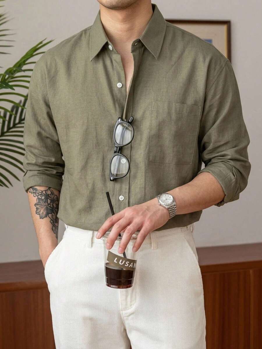 DAZY 通勤長袖綠色男士襯衫 夏季 - 軍綠色 - 查看 1