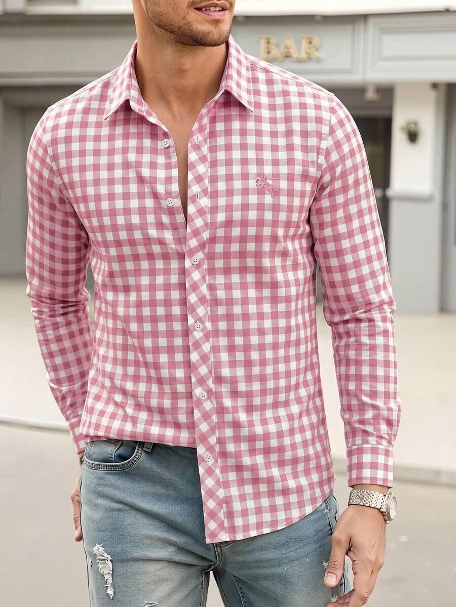 Manfinity Homme 男士單排扣休閒蓮藕色格紋長袖襯衫 - 藕粉色 - 查看 1
